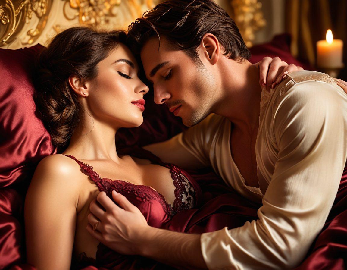 A sultry couple entwined in an intimate embrace, set against a backdrop of soft candlelight and flowing silk sheets. The mood is enhanced by deep, rich colors and shadows that evoke passion and desire. Their expressions are filled with longing and allure, hinting at tantalizing stories waiting to unfold. Include elements like delicate roses and a whisper of lace in the surroundings. vibrant colors. super-realistic.
