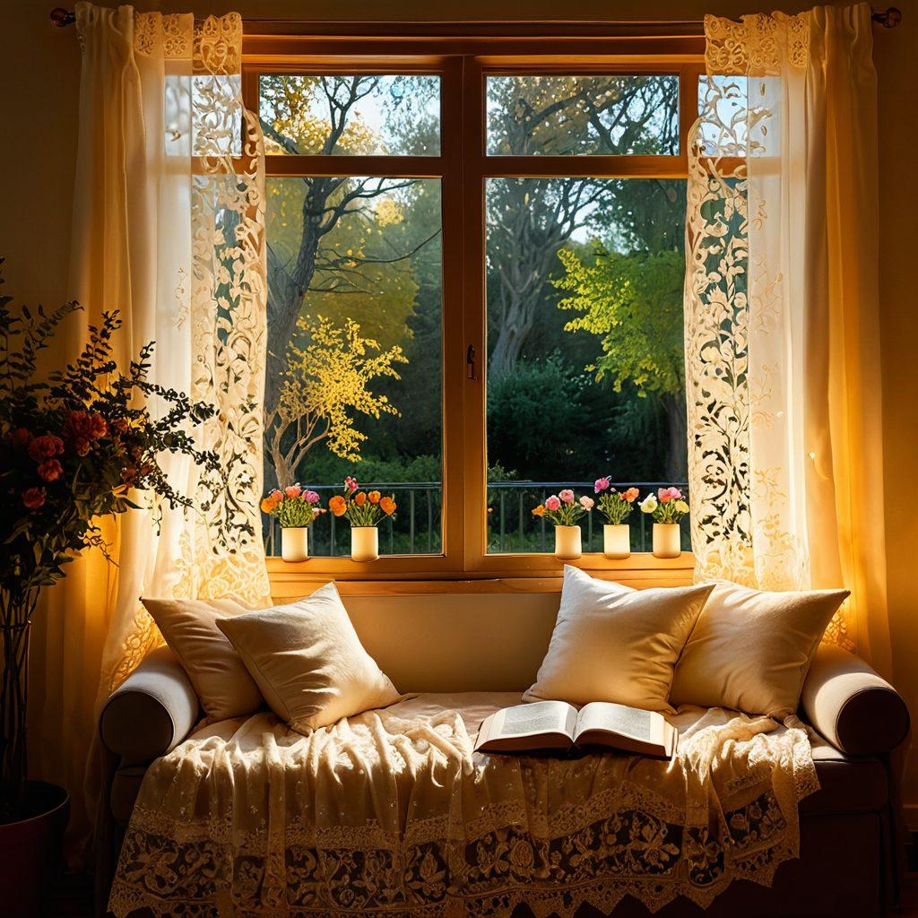 A captivating scene depicting a cozy reading nook bathed in warm, soft light where a diverse group of individuals are engrossed in romantic novels. Surround them with elements symbolizing passion—whispers of the wind gently lifting pages, candles flickering, and heart-shaped cushions. Include a backdrop of blooming flowers and delicate lace curtains flowing with the breeze, creating an inviting atmosphere. enchanting art style, warm tones, soft focus.