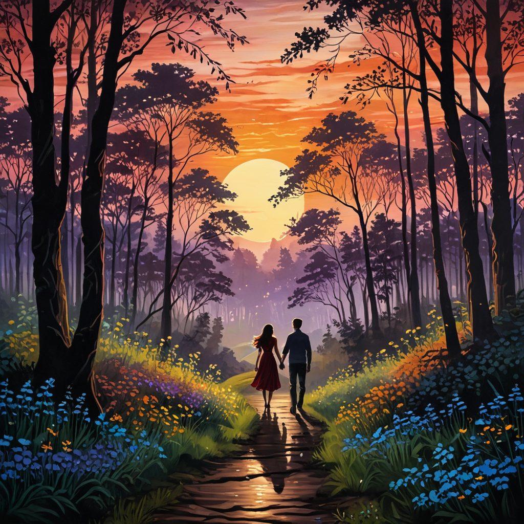A dreamy landscape with a winding path leading through a lush forest, where whispers of romantic tales float through the air. Silhouettes of a couple holding hands, surrounded by glowing fireflies and blooming flowers, capture the essence of passion and adventure. The warm hues of sunset create a magical atmosphere, inviting readers into a world of sensual stories. painting. vibrant colors. enchanting. whimsical.